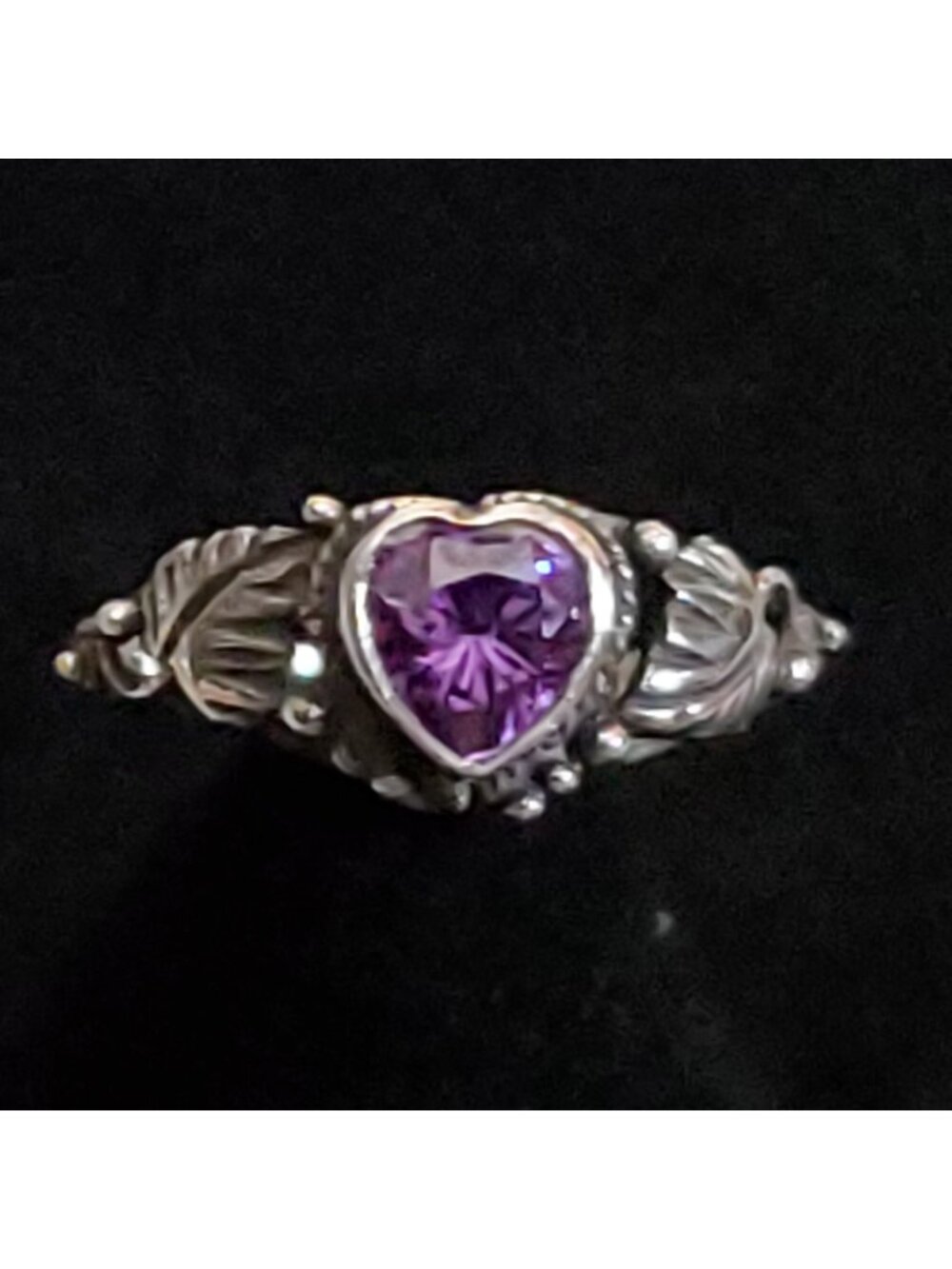 Vintage Sterling Silver Ring Heart Purple Rhinestone Sz 4.75